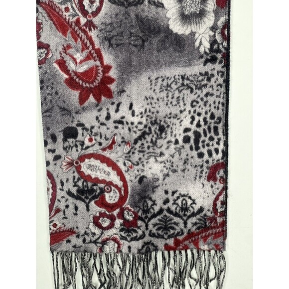 Enya Mantanani 100% Cashmere Scarf Gray Red Paisley Floral Fringe Soft/Warm - Picture 1 of 7